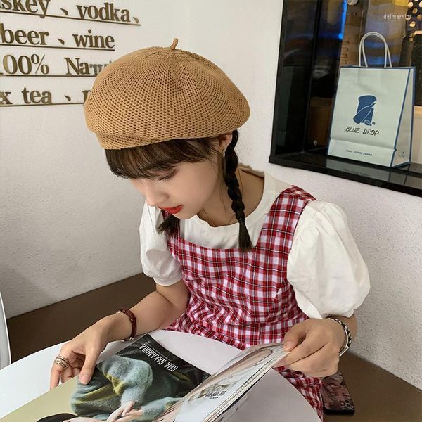 Bonnet/tête de mort casquettes kaki tissé béret femmes printemps et été mince tout match japonais respirant peintre citrouille chapeau Delm22