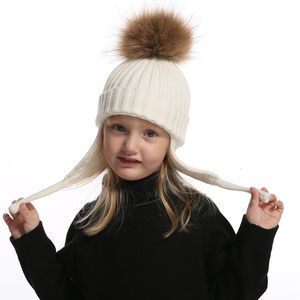 Beanie/Skull Caps Kids Earflap Beanie Boy Girl Winter Wool Hat Real Fur Pompom Warm gebreide baby Kinderen Pompon Beanies Cap 221207