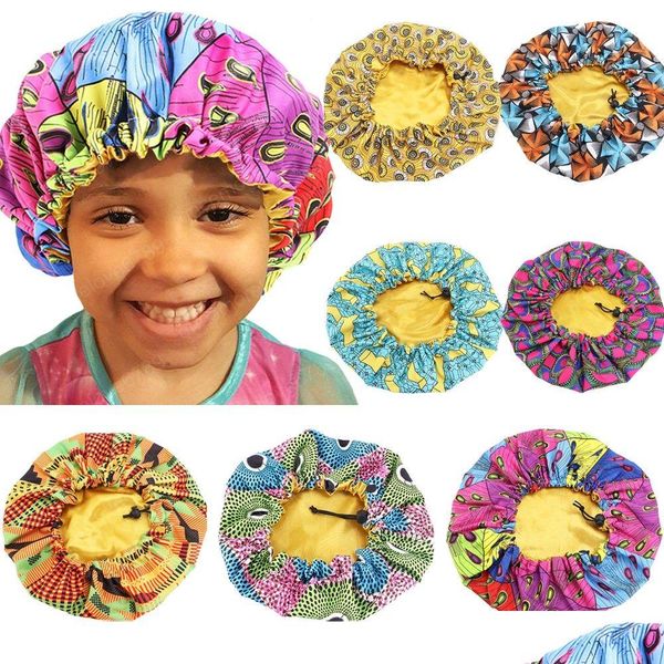 Bonnet / Casquettes De Tête De Mort Enfants Filles Bonnet De Sommeil Réglable Africain Batik Imprimer Satin Soins Des Cheveux Bonnet Turban Enfant Chapeau Chimio Bonnets Élastique Dhqcb