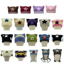 Bonnet/Casquettes Bonnet tricoté pour femmes Harajuku Style chat oreille chapeau à la main au Crochet chapeau mode Y2K étoile chapeau hiver chaud chapeaux 231128