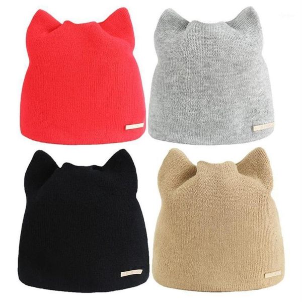 Beanie Skull Caps versión coreana Color sólido Simple cálido orejeras sombrero para mujeres gato gorros orejeras señoras Skullies Touca Cap1305l