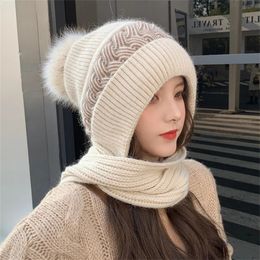 Bonnet/crâne casquettes coréen hiver tricoté laine chapeau écharpe en peluche épaissie couleur unie chaud femmes oreille Protection chapeau 231118