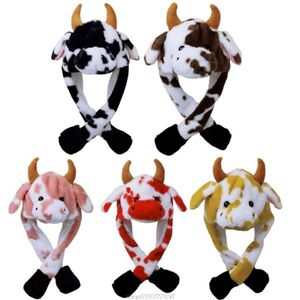 Beanie Skull Caps LED Light Up Plush Animal Hat con orejas de salto en movimiento Multicolor Cartoon Milk Cow Earflap Cap Peluches JY08297R