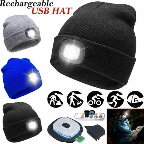 Gorro/gorros de calavera Gorro con luz LED Gorro de punto con luz LED unisex con lámpara para la cabeza Linterna recargable por USB Gorros LED Gorro de punto Gorros de pesca 240125