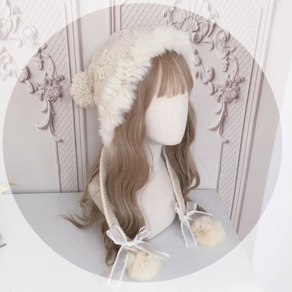 Beanie/Skull Caps Lolita element autumn and winter warm rabbit fur ear protection hat knitted wool hat cute fur ball 231108