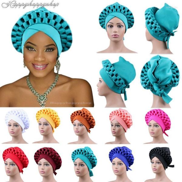 Gorros / Gorros de calavera Turbantes africanos de lujo Sombreros para fiesta de bodas Nigeria Aso Oke Gele Headties Listo para usar Headwrap Mujeres Bandanas Cap Oliv