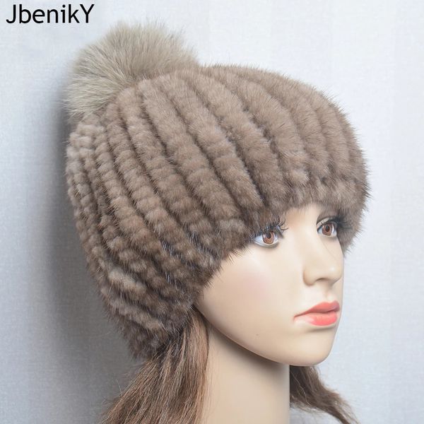 Bonnet/crâne casquettes de luxe dame réel vison fourrure chapeau Pom Poms épais chaud casquette femmes hiver tricoté bonnets 231123