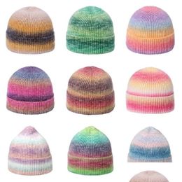 Gorro / Gorros de calavera Muchos colores Tie Dye Gorros de punto Mujeres Otoño Invierno Grueso Sombrero cálido Sombreros de arco iris Chica Gorra al aire libre Entrega de gota Dhygn