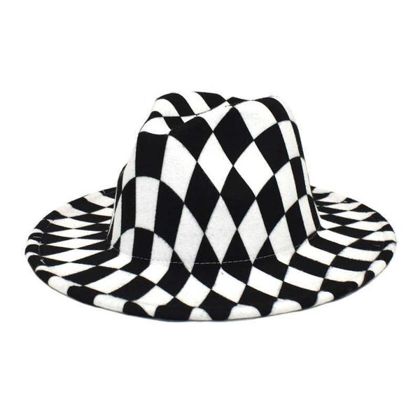 Bonnet / Skull Caps Hommes Grille noire et blanche Wide Brim Church Derby Fedora Hat Top Panama Felt Cowboy Hat for Women style artificiel Jazz Cap T221013