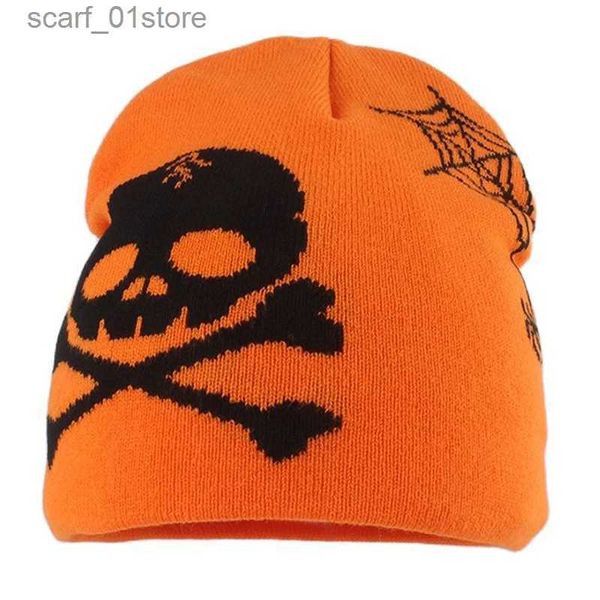 Bonnet/Crâne Casquettes Bonnets tricotés pour hommes Chapeau Laine C Européen Américain Hip-Hop Crâne Toile D'araignée Chapeaux Tricotés Halloween Pulr Brimless BonnetL231202