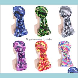 Banie / Caps de crâne pour hommes camouflage militaire Premium imitez les durags soyeux avec une longue queue couleur 360 waves doo rag pour les hommes Durag otucx