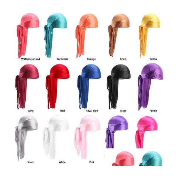 Bonnet / Crâne Casquettes Hommes Silky Durags Bandana Turban Chapeau Perruques Doo Hommes Satin Durag Biker Chapeaux Bandeau Cheveux Accessoires Extra Long Dhgb5