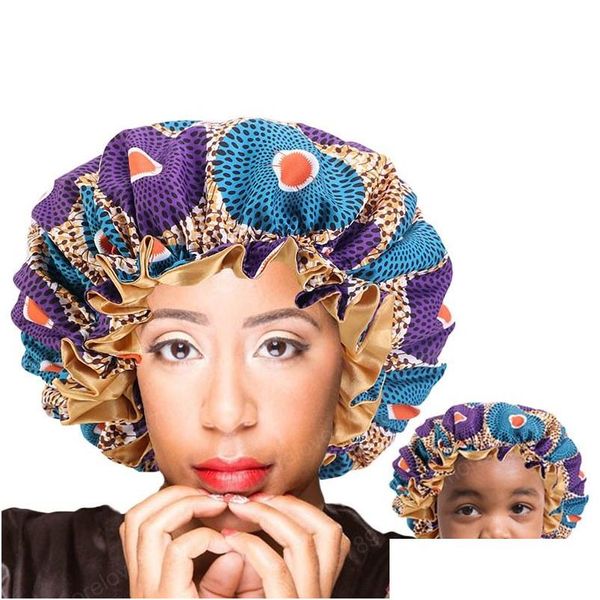 Bonnet / crâne de crâne maman et moi bonnet ensemble double couche soie somnole cap motif african imprime en satin borde
