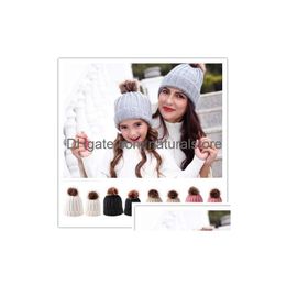 Bonnet / Crâne Caps Mère Fille Chapeaux Assortis 2Pcs Bonnets Parentchild Hiver Chaud Crochet Tricoté Bonnet Pom Balls Chapeau Drop Deliv Dhvq0