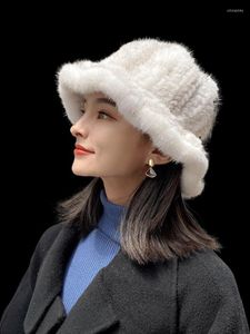 Beanie/Skull Caps Ms.Minshu vrouwen luxueuze echte hoed handgebreid winterhoofd warmer 100% echte casual gegolfde riem oliv22