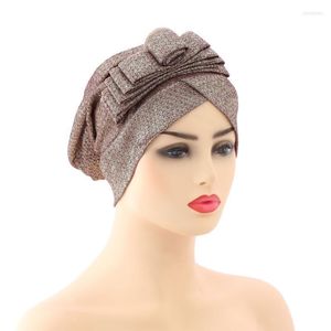 Beanie/Skull Caps Moslim Fashion Headie African Turban Cap Shiny Bowknots Bonnets Ready Female Head Wraps Headwar Hijab hoeden Arab Oliv22