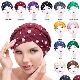 Beanie/Skull Caps Muslim tulband hoofd sjaal parelmelk gevlochten twistedbraid hoeden vrouwen mode cosmetologie haarverzorging cap decoratie 9 dhhba