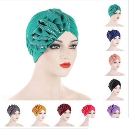 Beanie/Skull Caps Moslimvrouwen Solid Pre Tied Ruffle Tulband Hoed Cancer Chemo Beanie Flower Drill Cap Hoofddeksels Headwrap Head Dhgarden Dhzud