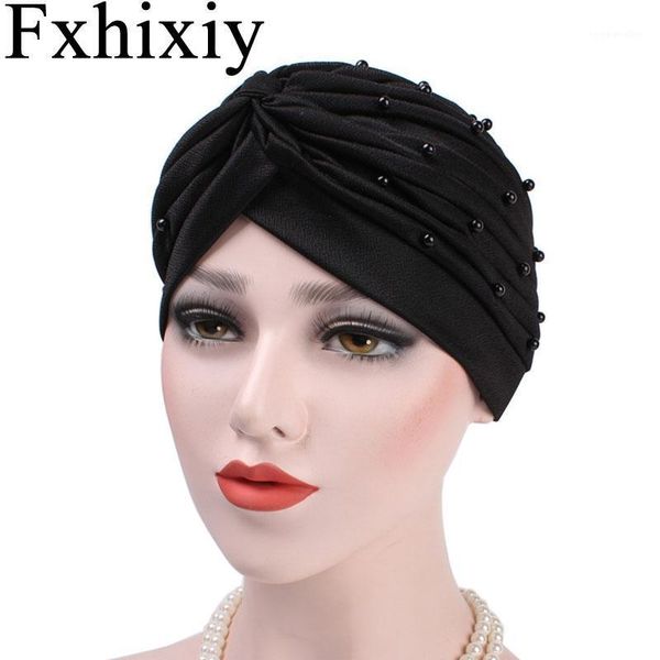 Beanie / Skull Caps Musulmanes para mujer Bead Ruffle Algodón Turbante Sombrero Cáncer Quimioterapia Chemo Cap Hijab Headwear Headwrap Plateado Accesorios para el cabello1