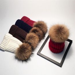 Beanie Skull Caps Natuurlijke Vrouwelijke Bont Pom Poms Hoed Winter Voor Vrouwen Meisje Gebreide Mutsen Cap Dikke Skullies269I