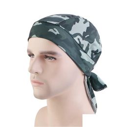 Beanie / Skull Caps Nuevo estampado de camuflaje Durag sedoso para hombres Bandana Turbante Sombrero Pelucas para hombre Du-Rag Cola larga Pirata Drop Deliver Dhgarden Dh9Em