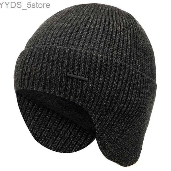 Beanie/Skull Caps Nouveaux hommes chapeau d'hiver ajouter polaire chaud oreillette casquette élégant doux bonnet chapeau pour homme en plein air épaissir Ski Sports tricoté chapeau YQ231108