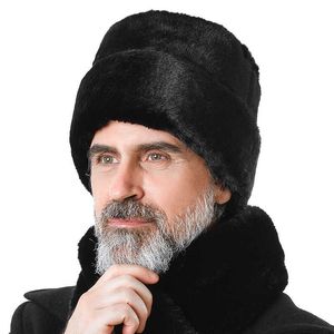 Bonnet / Skull Caps New Russian Men's Winter Hat Middle-aged Faux Vison Hair Épaissi Flat Top Beanie Landlord Warm Earflap Pull Freeshipping T221020