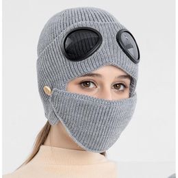 Bonnet/Crâne Casquettes Pilote Lunettes Bonnet Pour Hommes Et Femmes Skl Caps Avec Masque En Peluche Épais Chapeaux De Laine Hiver Coupe-Vent Bonnet Drop Del Dhlnf