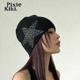 Bonnet / Skull Caps PixieKiki Star Bonnets tricotés noirs pour femmes Trashy Y2k Accessoires Chapeau d'hiver Streetwear P65-BZ10 230915