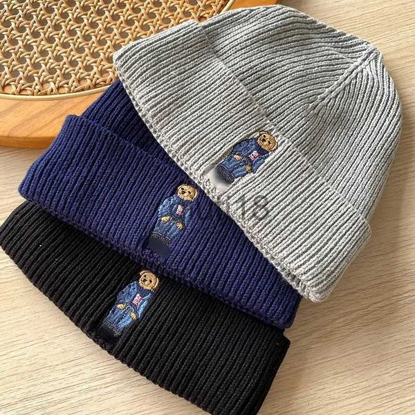 Bonnet/casquettes de crâne Polo Bear, bonnet à revers en tricot brodé, chapeau d'hiver x0922