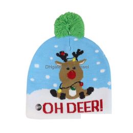 Beanie/Skull Caps Pom kerstmutsen gebreid met Led Light Xmas Beanies Crochet Winter Deer Elk Gilrs Skl Cap Home Decoratie Drop Dhowh