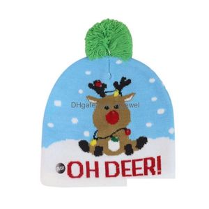 Gorro / Gorros de calavera Pom Sombreros navideños tejidos con luz LED Gorros navideños Ganchillo Invierno Ciervo Elk Gilrs Skl Cap Decoración del hogar Drop Dhowh