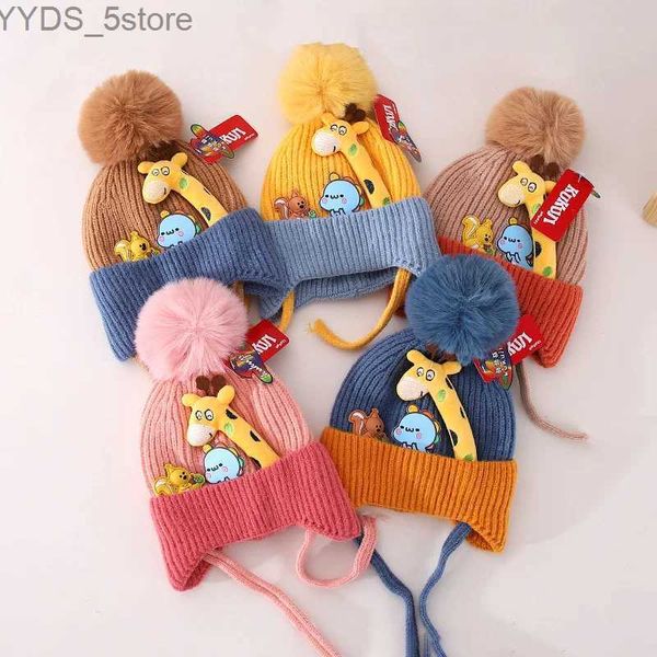 Pompon hiver bébé chapeau dessin animé girafe bébé Beanie garçons filles casquette enfant en bas âge Bonnet coréen tricoté enfants oreille Protection chapeaux YQ231108