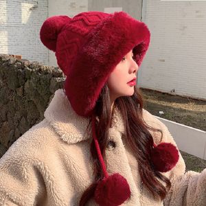 Beanie Skull Caps Pompom Wintermützen für Frauen Ohrenschützer verdicken Ohrenklappen Hut Fleece gefüttert Mädchen Strickmützen süße Damen Ohrmützen Kappe 230729