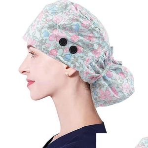 Beanie/Skull Caps Print Verstelbare Lange Haar Werkmuts Met Knop Paardenstaart Houder Scrub Hoeden Elastische Verpleegster Hoed Voor Vrouwen Drop Levering Fa