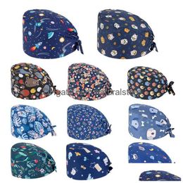 Bonnet / Crâne Caps Imprimer Gommage Coton Infirmière Chapeau Floral Bouffant Bonnet Sanitaire Avec Bande Dessinée Impression De Bande Dessinée Soins Infirmiers Confortable Colorf Dhwms