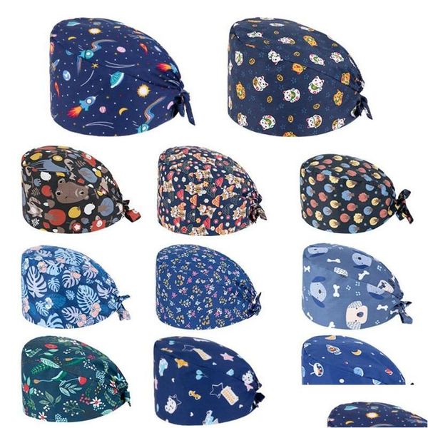 Bonnet/Casquettes Crâne Imprimer Scrub Coton Infirmière Chapeau Floral Bouffant Bonnet Sanitaire Avec Bandeau Bande Dessinée Impression Allaitement Confortable Colorf Drop