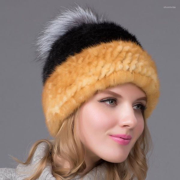 Gorro/gorros de calavera de piel auténtica, bolso de bola tejido, sombrero para la cabeza, piel de visón para mantener el calor, protección para los oídos, gorro de punto para mujer a prueba de viento para adultos, Chur22