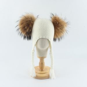 Beanie/Skull Caps echte wasbeer bont kogelmuts voor kinderen winter gebreide warme beanies dubbele pompom oorklap cap baby meisjes jongen kinderen 230822