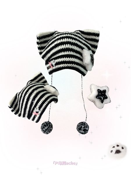 Bonnet/Crâne Casquettes Ruibbit Fille Punk Coiffe Écharpe Rayure Oreille De Chat En Peluche À Capuchon De Noël Chapeau D'hiver Chaud Coupe-Vent Oreillette Casquette Écharpe Femme Y2k 230915