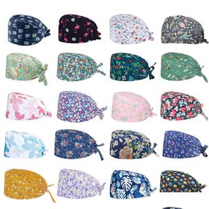 Beanie/Skull Caps Scrub Catton Hat Floral Bouffant Sanitaire verpleegkundige dop met zweetband Owl Fox Bird Leaf Star Printing Nursing Docto Dhqoz