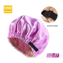 Beanie / Skull Caps Silk Satin Bonnet Night Sleep Cap Hat para mujer Moda Adustable Pure Color Wear Head Er Beautif Accesorios para el cabello Dhb6Q