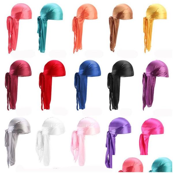 Bonnet / Crâne Casquettes Soyeux Satin Turban Cap Uni Longue Queue Bandana Mode Solide Couleur Pirate Chapeaux Femmes Hommes Foulard Inde Chapeau Cheveux Dhjfz