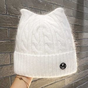 Beanie/Skull Caps Simple Girl Angora Rabbit Fur Ear Beanie Hat For Dames Winter Skullies Warm Wool Panama Fashion Gorros Vrouwelijke bommenwerper Cap