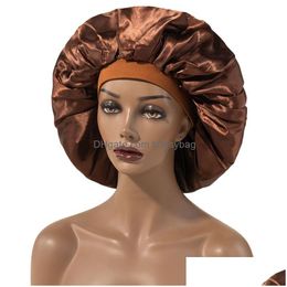 Bonnet / Crâne Caps Solide Couleur Satin Grand Chapeau De Nuit Pour Femmes Fille Lady Élastique Sommeil Bonnet Soin Des Cheveux Accessoires De Mode Drop Delive Dhuel