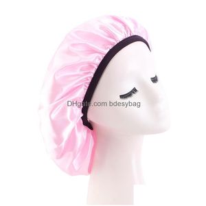 Muts/Skull Caps Effen Kleur Zacht Satijn Nachthoed Muts Voor Dames Dame Meisje Elastisch Slaap Haarverzorging Mode Accessoires Drop Leveren Dhhqt