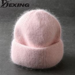 Beanie/Skull Caps Solitaire Ring BeanieSkull Caps Fabbit Bont Mutsen Zachte Warme Pluizige Wintermuts voor Dames Angora Gebreide Skullies Vrouwelijke Bonnet Vrouw Gebreid