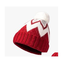 Beanie/Skull Caps Striped Jacquard Pompom Beanie Hat Winter Warm Knitting Dikke Skl voor vrouwen Valentijnsdag Kerstcadeau Drop del Otnno