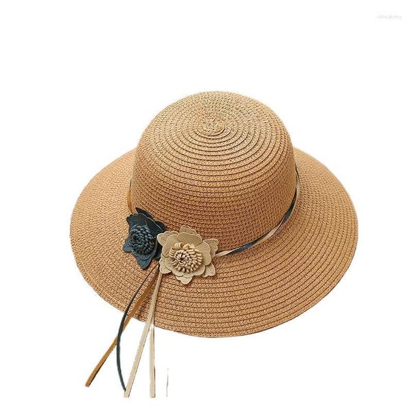 Bonnet / Casquettes De Tête De Mort Été Et Automne Version Coréenne De Chapeaux De Paille De Fleurs Tissées Dames Soleil Le Long Du Parasol Bassin Bord De Mer Plage Oliv22