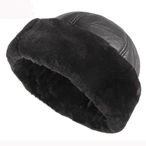 Beanie/Skull Caps Dikke Outdoor Warme Winter Hoed Mannen Zwart Bont Leer Russische Mannelijke Winddicht Sneeuw Ski Cap Fleece Gevoerd 231007